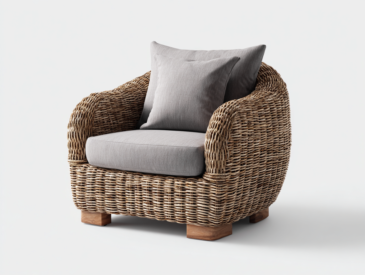 Sillón de ratán 88x82x76 cm - ratán natural y cojín gris - sillón de descanso - estilo natural moderno-Dengoyard