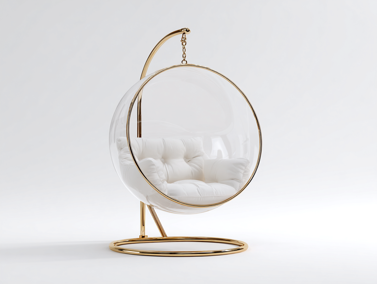 Sillón colgante con soporte 105x105x190 cm transparente y blanco estructura metálica - diseño moderno interior-Dengoyard