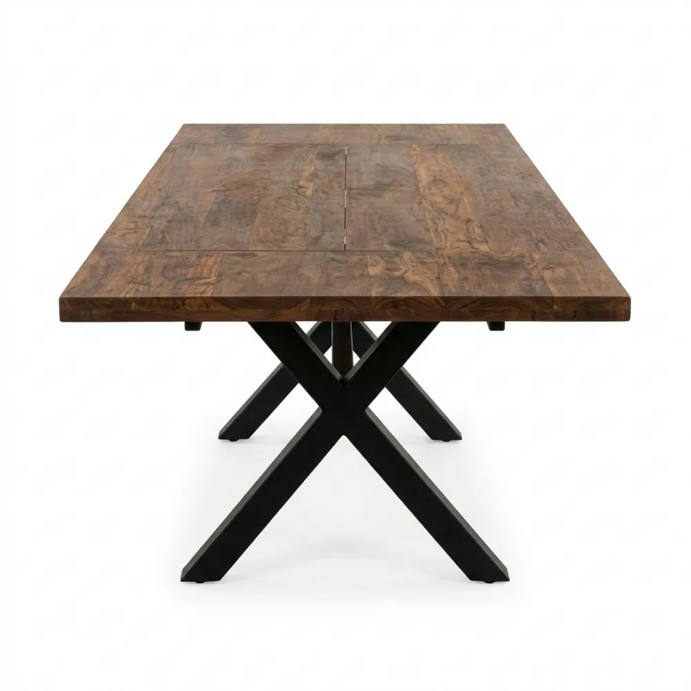 Massiver Esstisch aus Akazienholz mit Ansteckplatten und Schwarzem Metallgestell