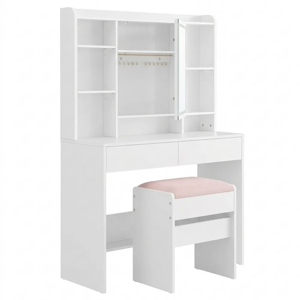 Moderner Schminktisch mit Spiegel und Hocker, Beleuchtung und verstellbaren Ablagen, wolkenweiß/pastellrosa