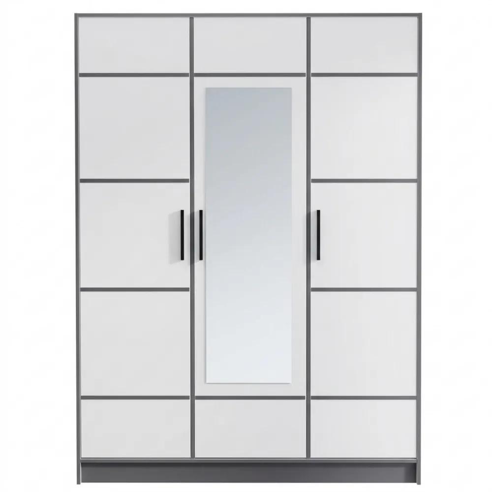 Moderner dreitüriger Kleiderschrank mit ausziehbarem Kleiderbügel, weiß, 156,4x205x39 cm