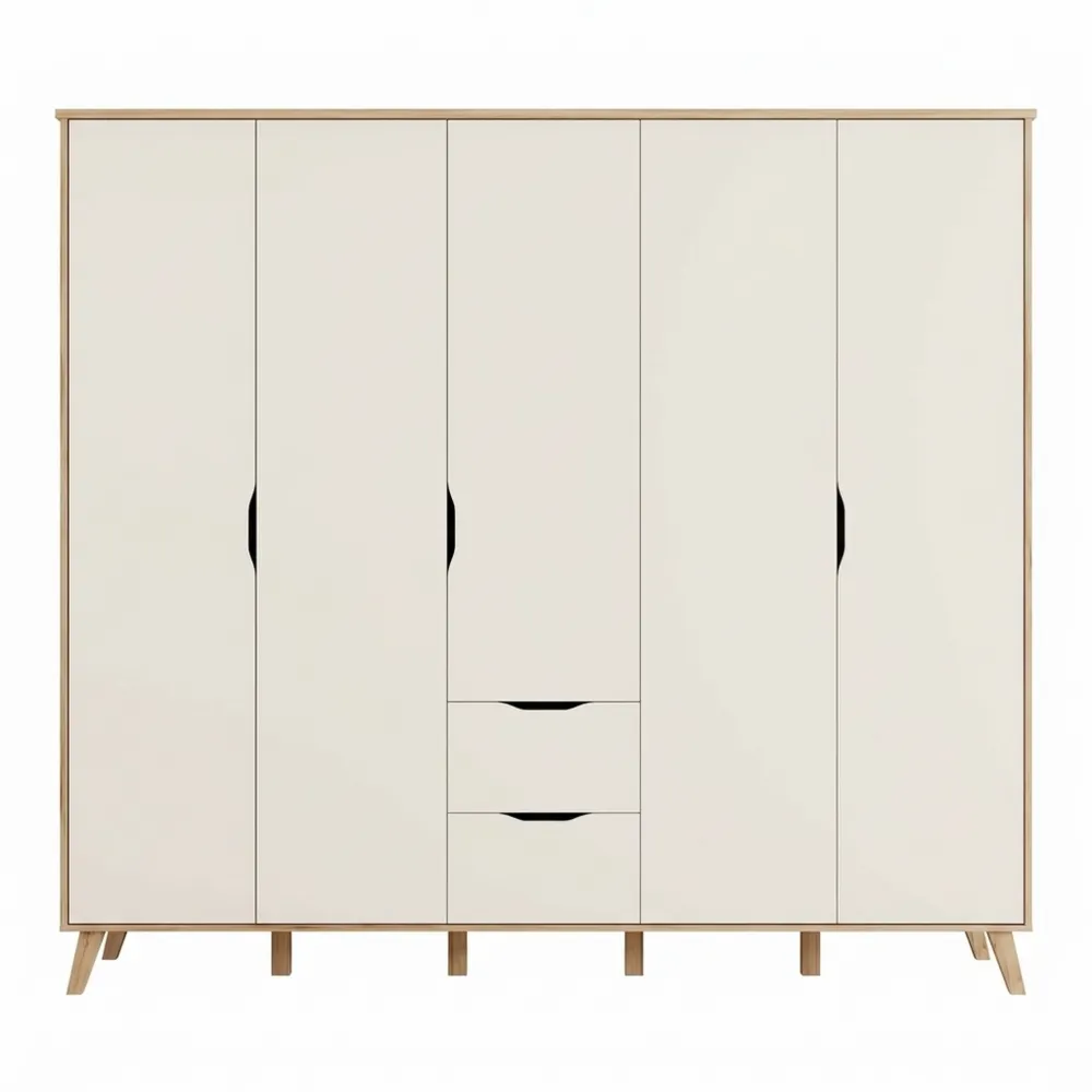 Schrank im skandinavischen Stil mit Drehtüren und Schubladen, Eichenholzdekor, Weiß, Großformat