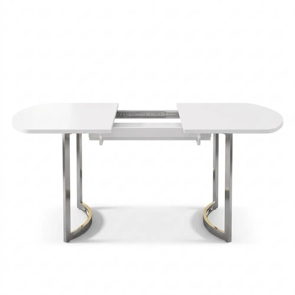 Moderner ausziehbarer Esstisch für 4-6 Personen, weiße Oberfläche mit silbernen Beinen-Glowiho