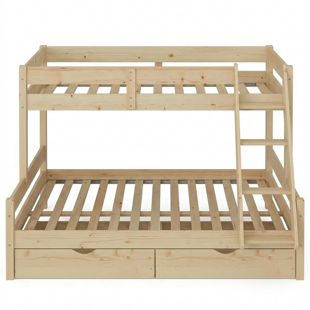 Hochbett aus Naturholz mit Schubladen und Treppe, 140x200 / 90x200 cm-Glowiho