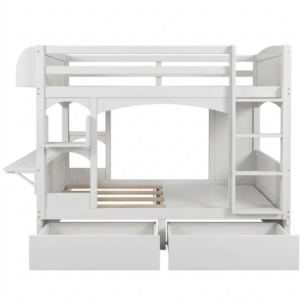 Multifunktionales Hochbett mit Schreibtisch und Stauraum, 90x200 cm, Kinderbett aus Massivholz, Weiß-Glowiho
