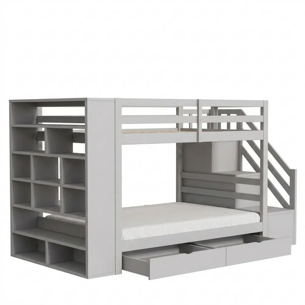 Etagenbett für Kinder mit Schubladen und Stauraum, Sicherheitsleiter und Rausfallschutz, Holzrahmen in Grau-Glowiho
