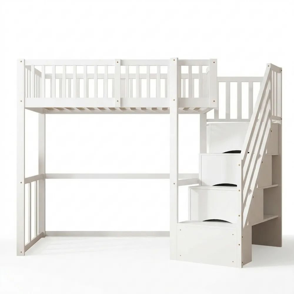 Kinder-Etagenbett 90x200 mit Treppe und Stauraum, Kiefernholz, inkl. Rausfallschutz und Lattenrost, Weiß-Glowiho