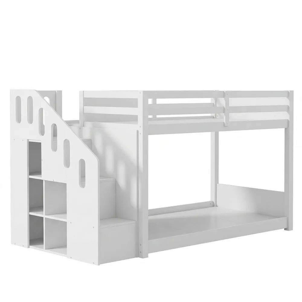 Etagenbett für Kinder mit Treppe und Stauraum, 90x200 cm, weiß-Glowiho