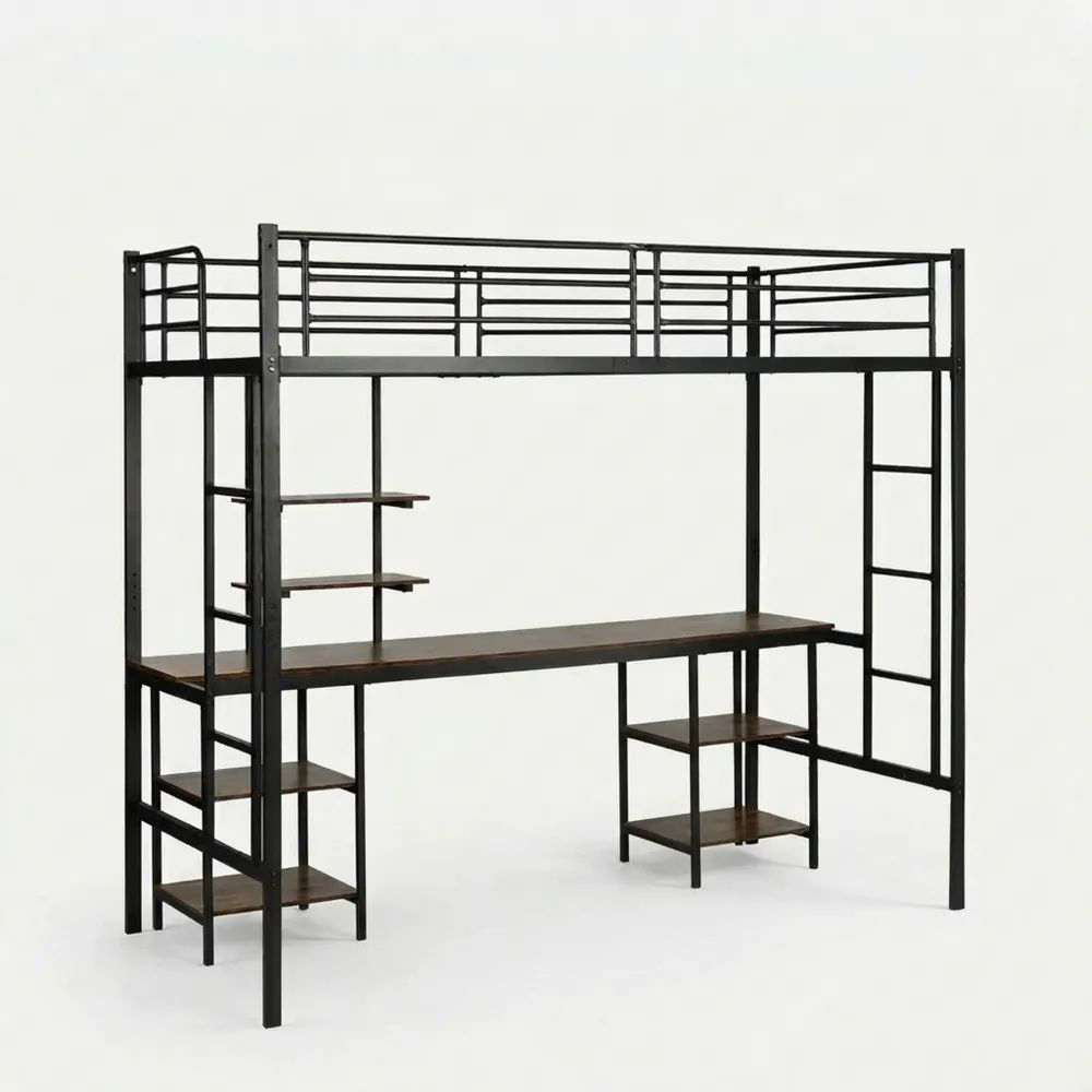Platzsparendes Metall-Etagenbett mit Schreibtisch und Stauraum, 90x200 cm, Schwarz-Glowiho