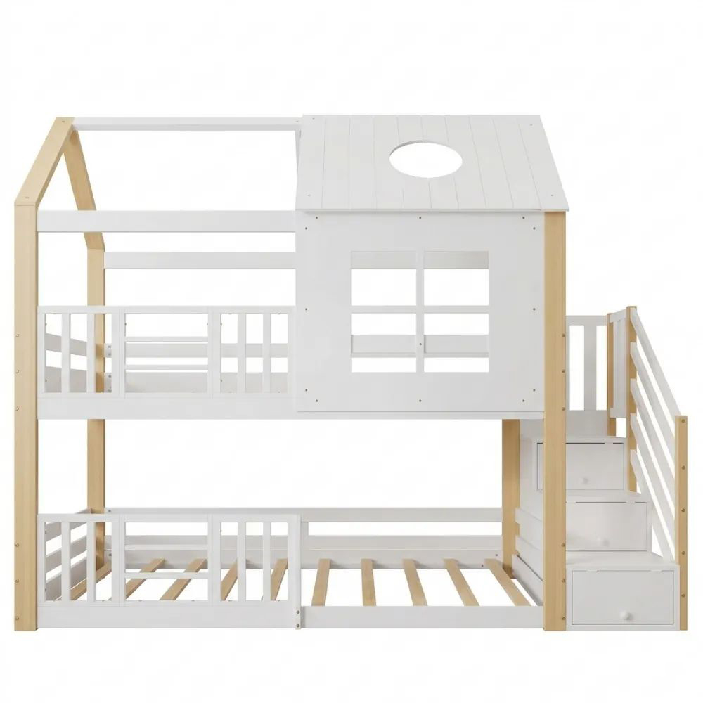 Doppelstock-Kinderbett mit Treppe und Rausfallschutz, Baumbett mit Fenster und Dach, inkl. Lattenrost-Glowiho