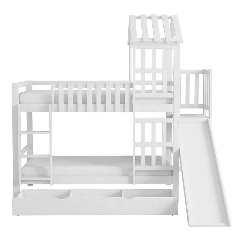 Spielbett mit Rutsche und Stauraum, Dach und Fenster, 90x200cm, Weiß-Glowiho