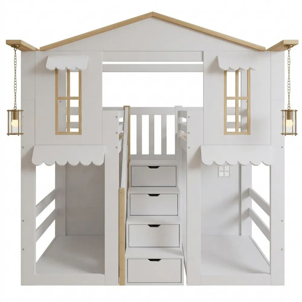 Kinder-Etagenbett mit Stauraum und Fensterdesign, 90x200 cm-Glowiho