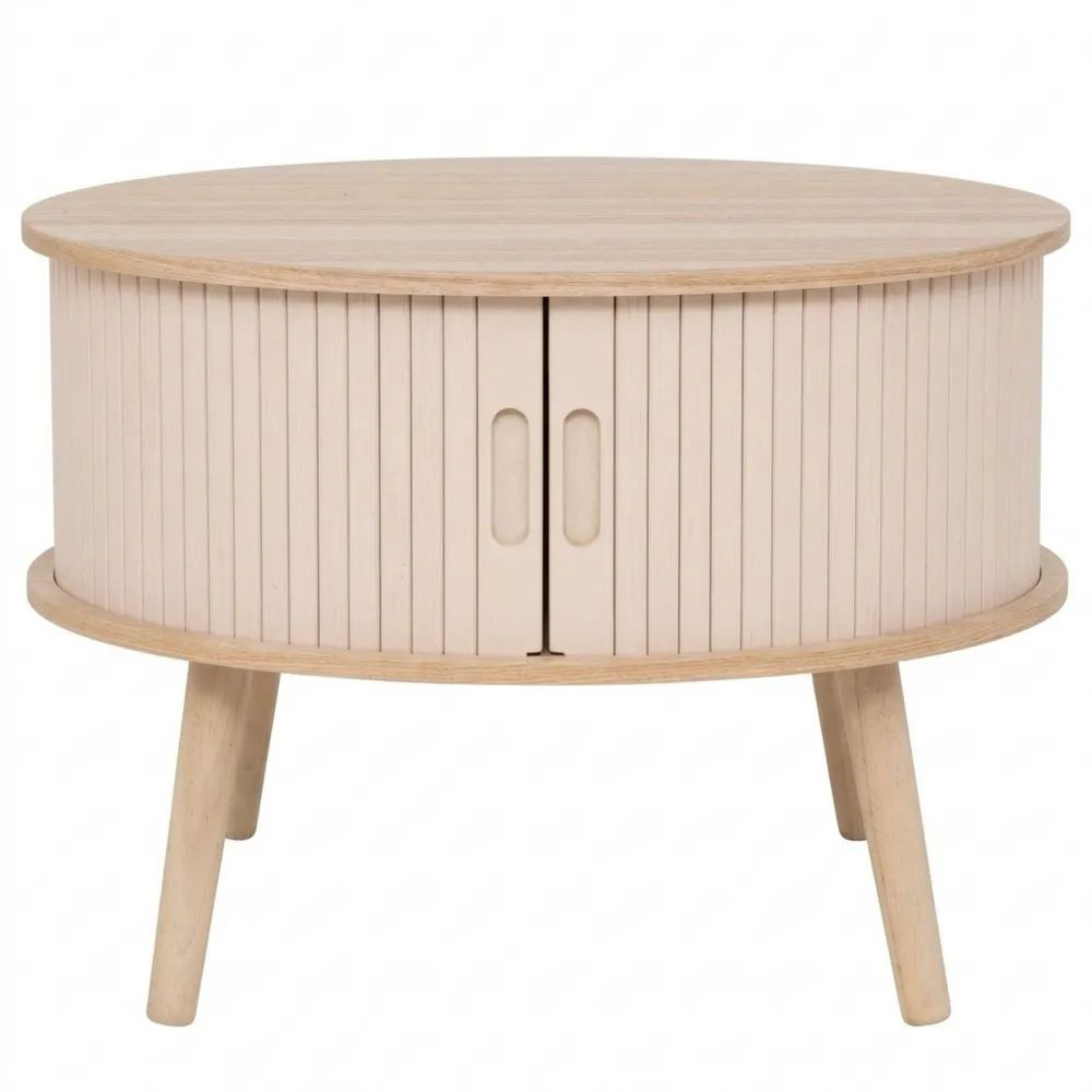 Runder Couchtisch mit Schiebetüren, Beige und Holz, 60 cm Durchmesser-Glowiho