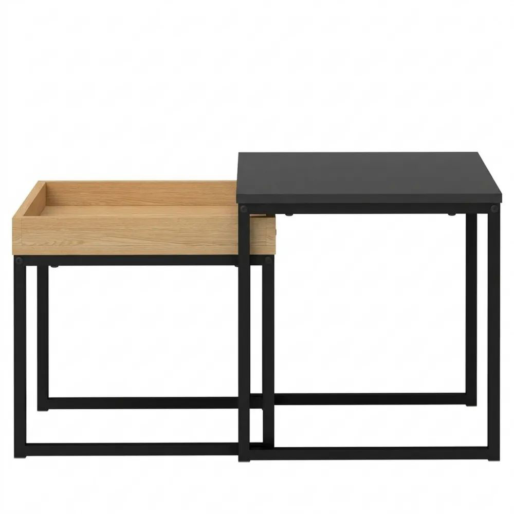 Quadratischer Beistelltisch-Set mit abnehmbarem Tablett, Metallrahmen, für Wohnzimmer und Schlafzimmer, Schwarz und Eiche-Glowiho
