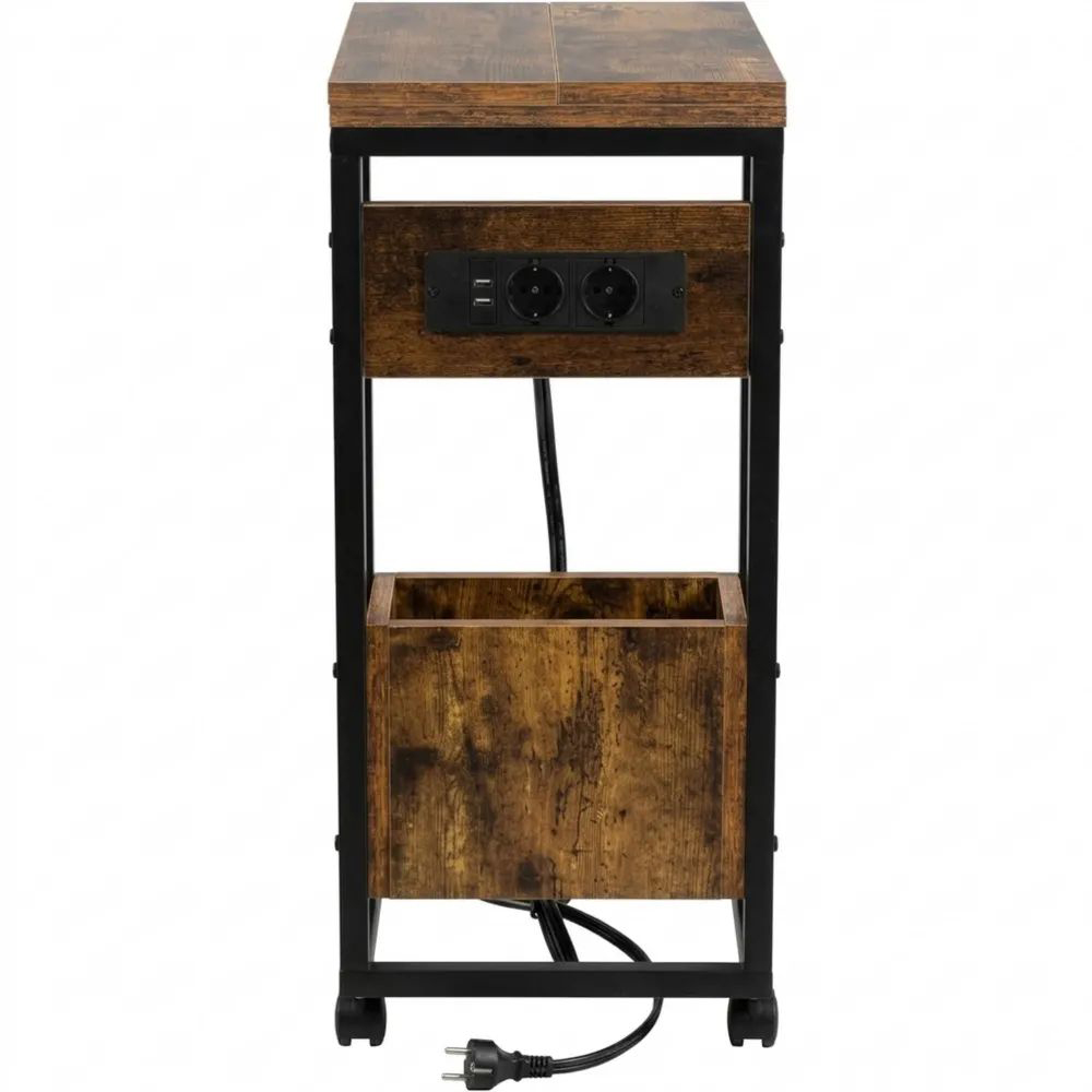 Klappbarer Beistelltisch mit Rollen und Ladestation, schmaler Couchtisch für Wohnzimmer und Schlafzimmer in Dunkelbraun, 70 cm-Glowiho