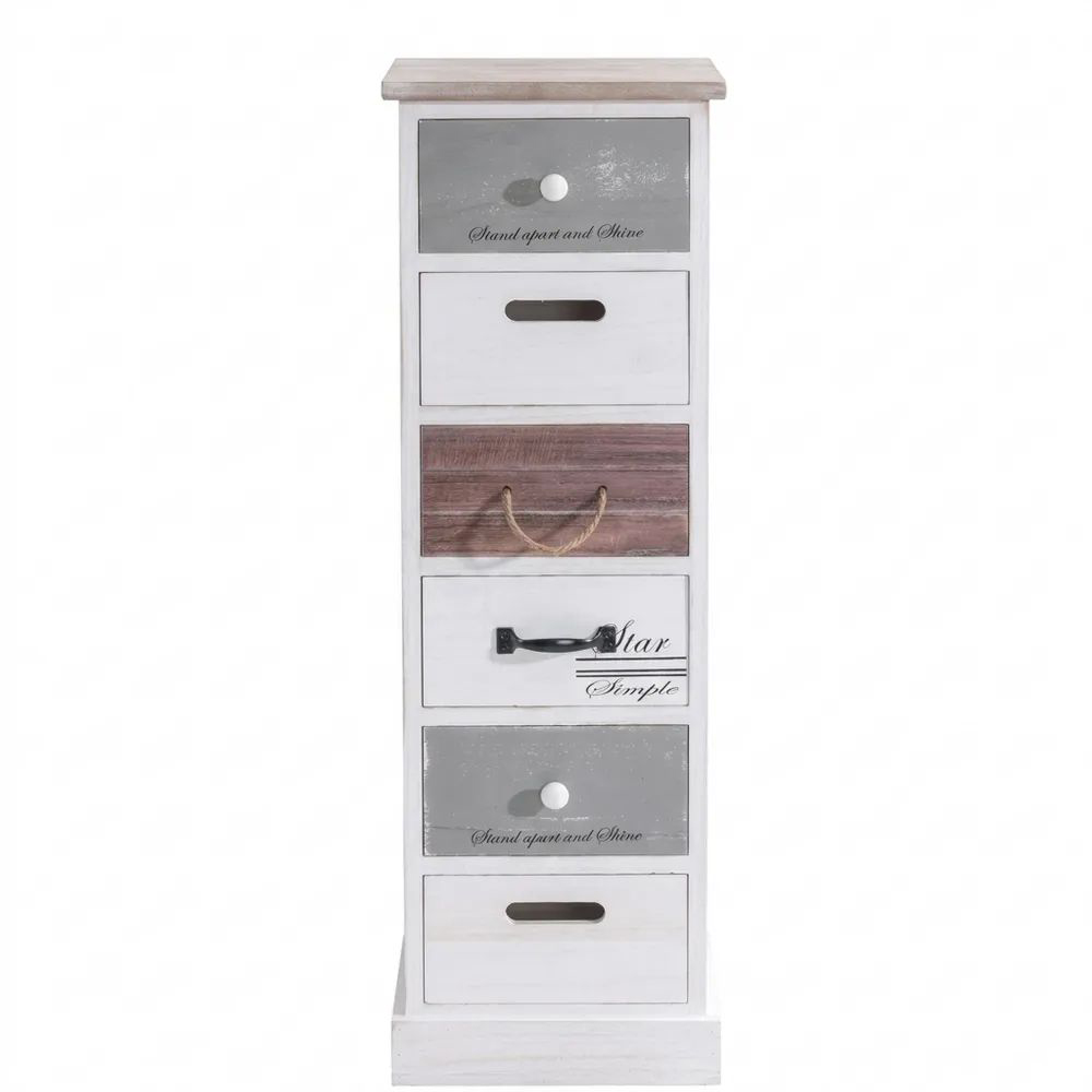 Kleines Standregal mit 6 Schubladen im Vintage-Stil, Shabby Look, Weiß, 29 x 91 x 27 cm-Glowiho