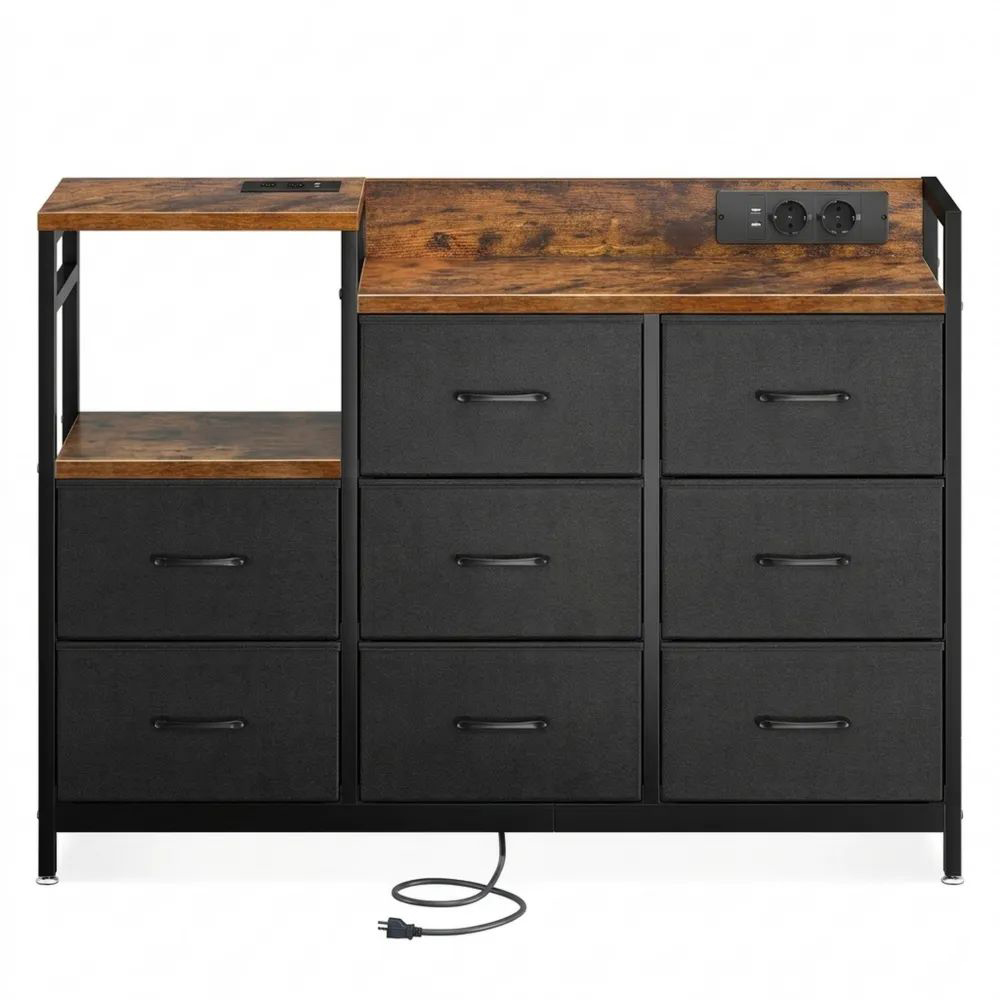 Multifunktionale Kommode mit USB- und AC-Anschlüssen, 8 Stoffschubladen, Vintage Stil-Glowiho