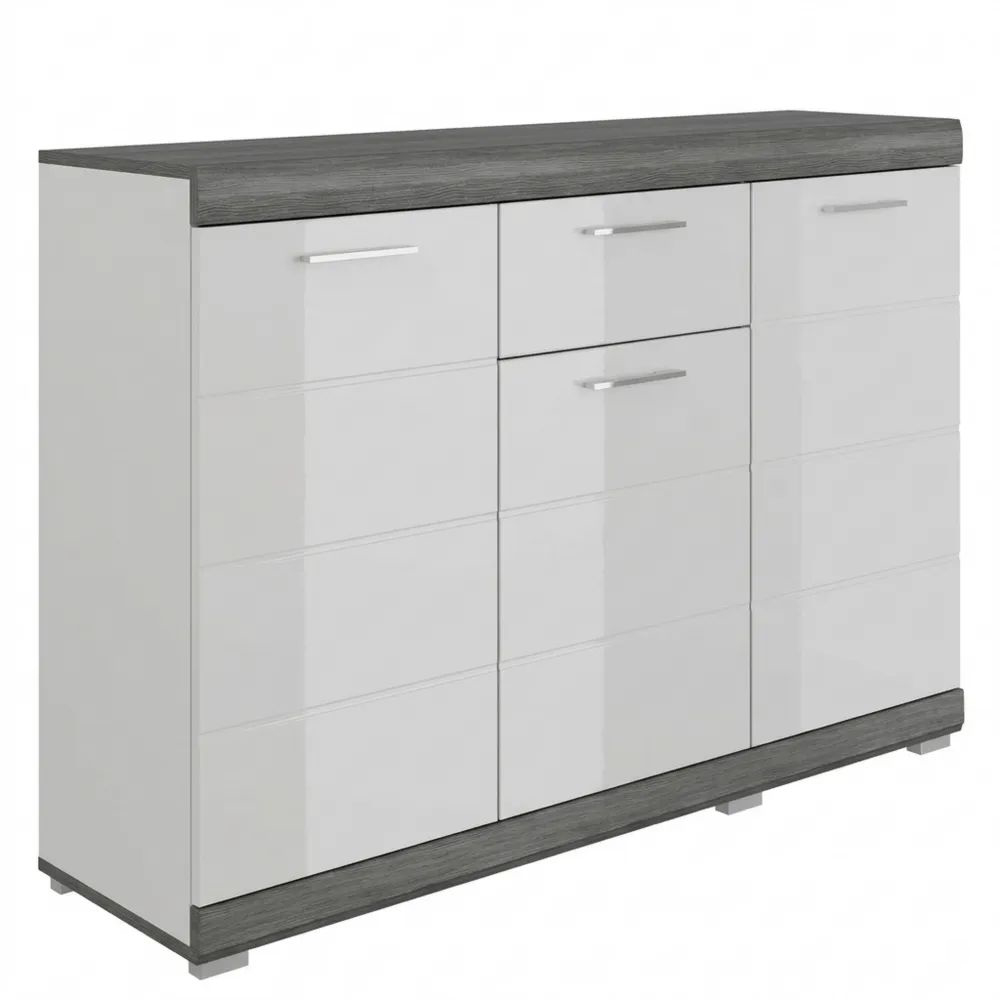 Moderne Kommode 120x85x37 cm mit Hochglanzfront und rauchsilbernem Korpus – Geräumiges Highboard für das Wohnzimmer-Glowiho