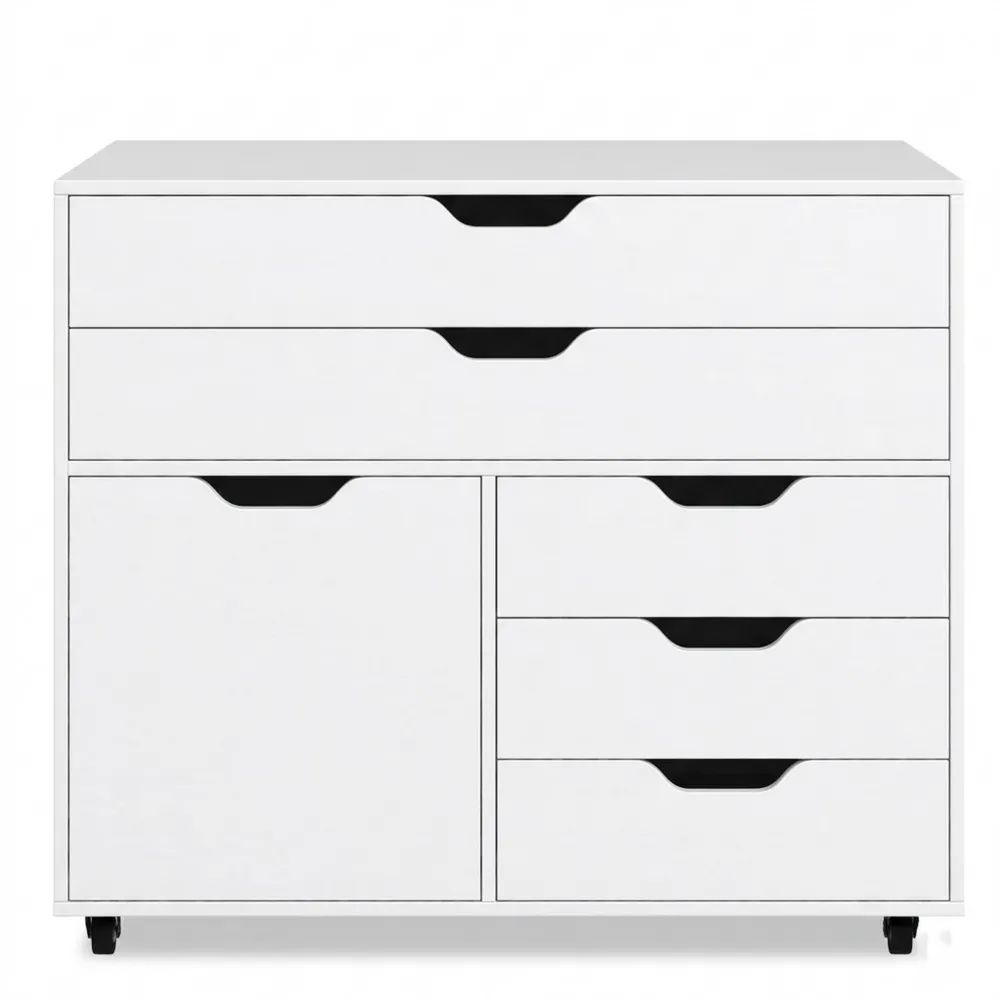 Mobiler Schrank mit 5 Schubladen und Regal, Holz-Bürocontainer auf Rollen, Weiß-Calmtran