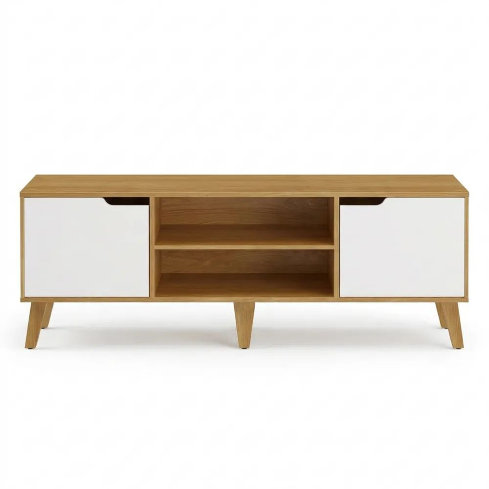 Fernsehschrank mit Einstellbarem Regal für Fernseher bis 65 Zoll, 147 cm, Wohnzimmer, Eichen-Natur-Creme-Calmtran