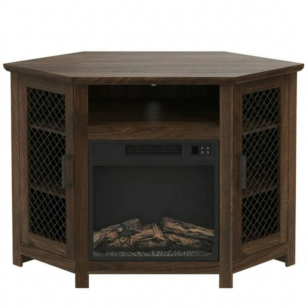 TV-Möbel mit Elektrokamin, geeignet für Ecken, bis 55 Zoll, Braun-Calmtran