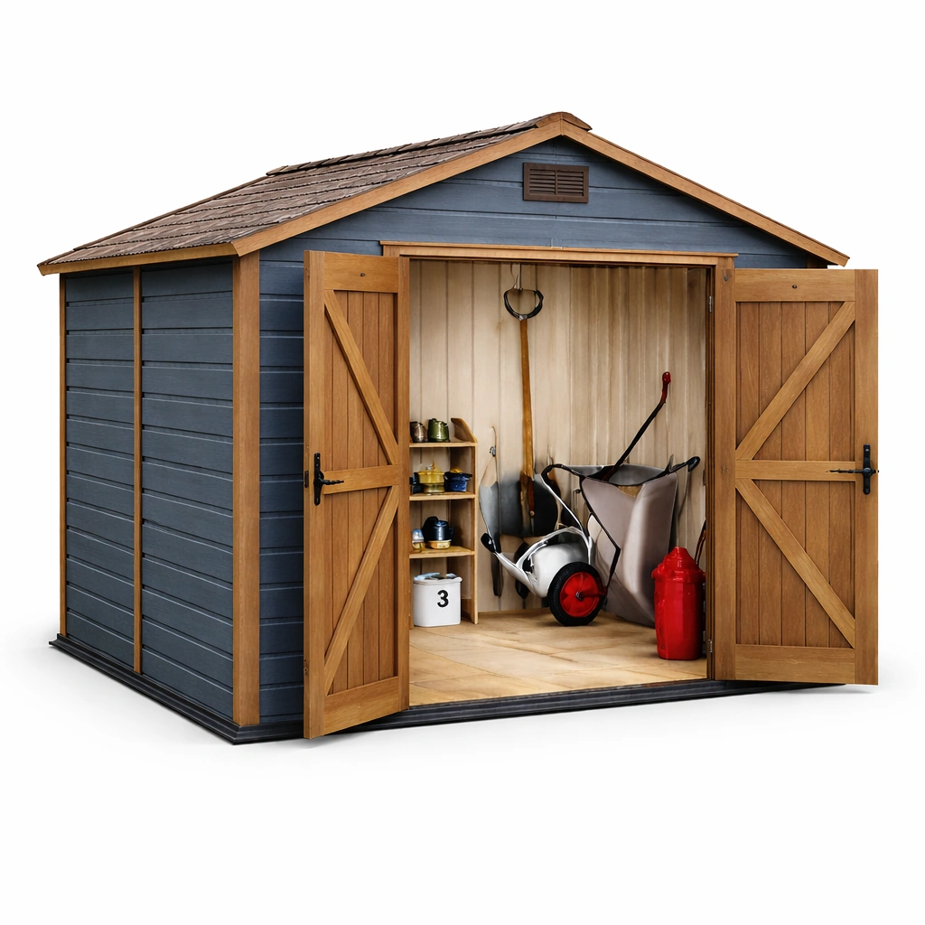 Gartenschuppen Holz Blau Braun Landhausstil