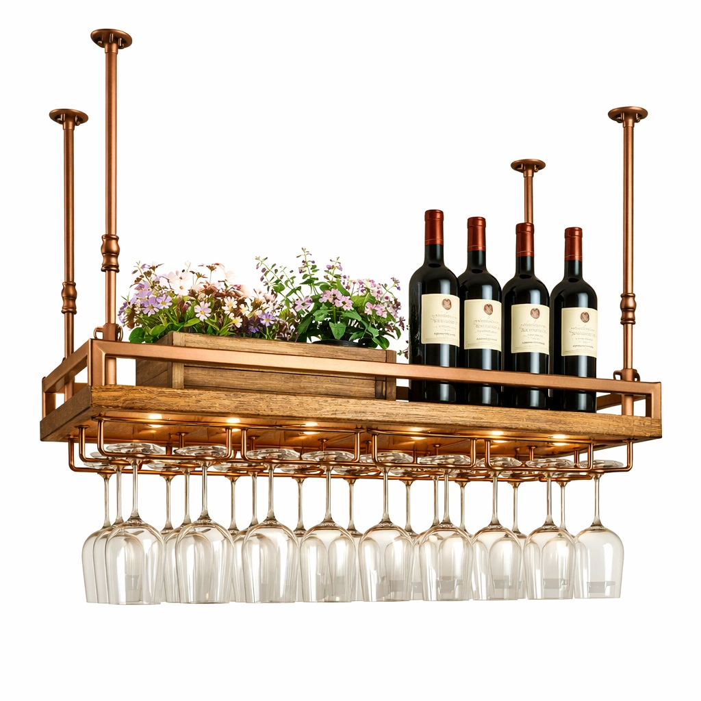 Haengendes Weinregal Metall Holz Kupfer