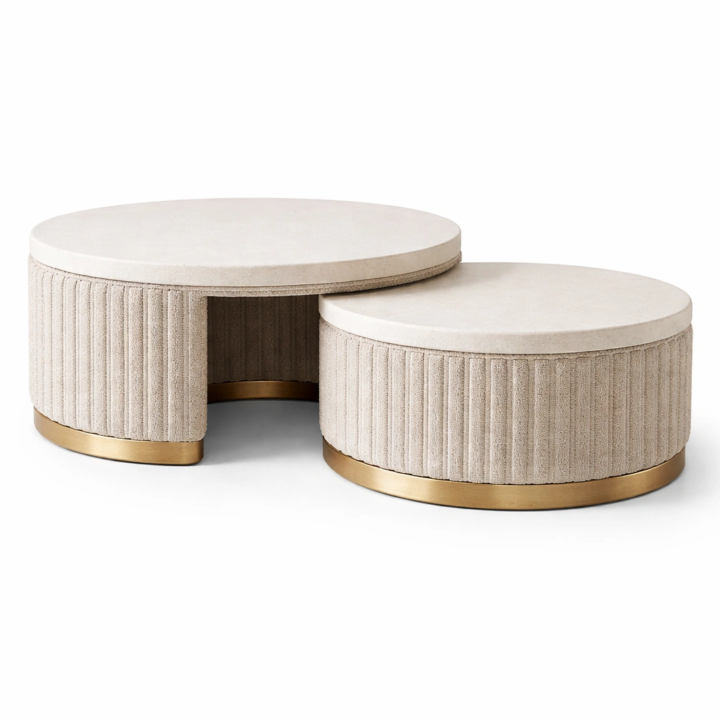 Couchtisch Set Rund Beige Modern Stoff Optik-cozirao