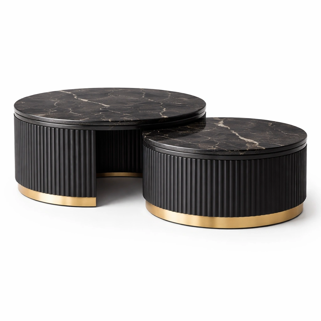 Couchtisch Set Rund Schwarz Marmor Optik-cozirao