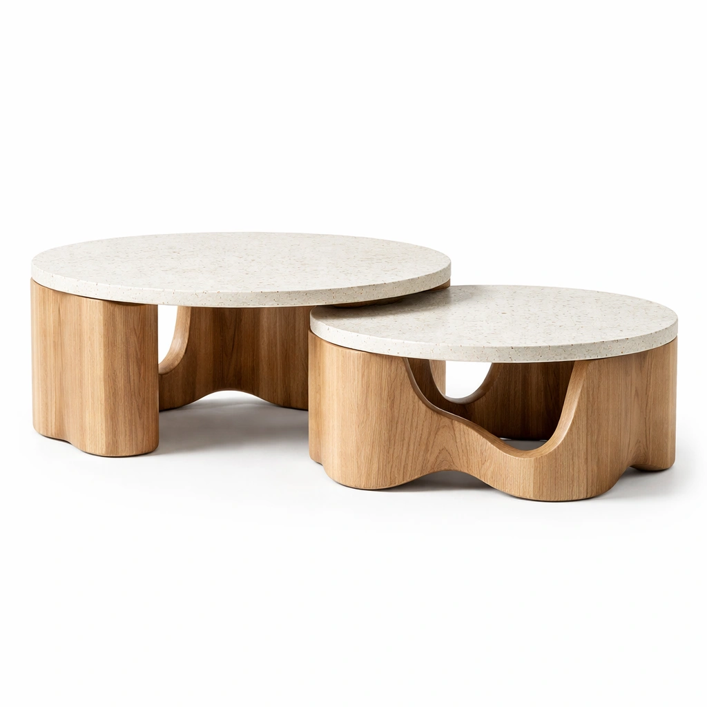 Couchtisch Set Rund Holz Natur Design-cozirao