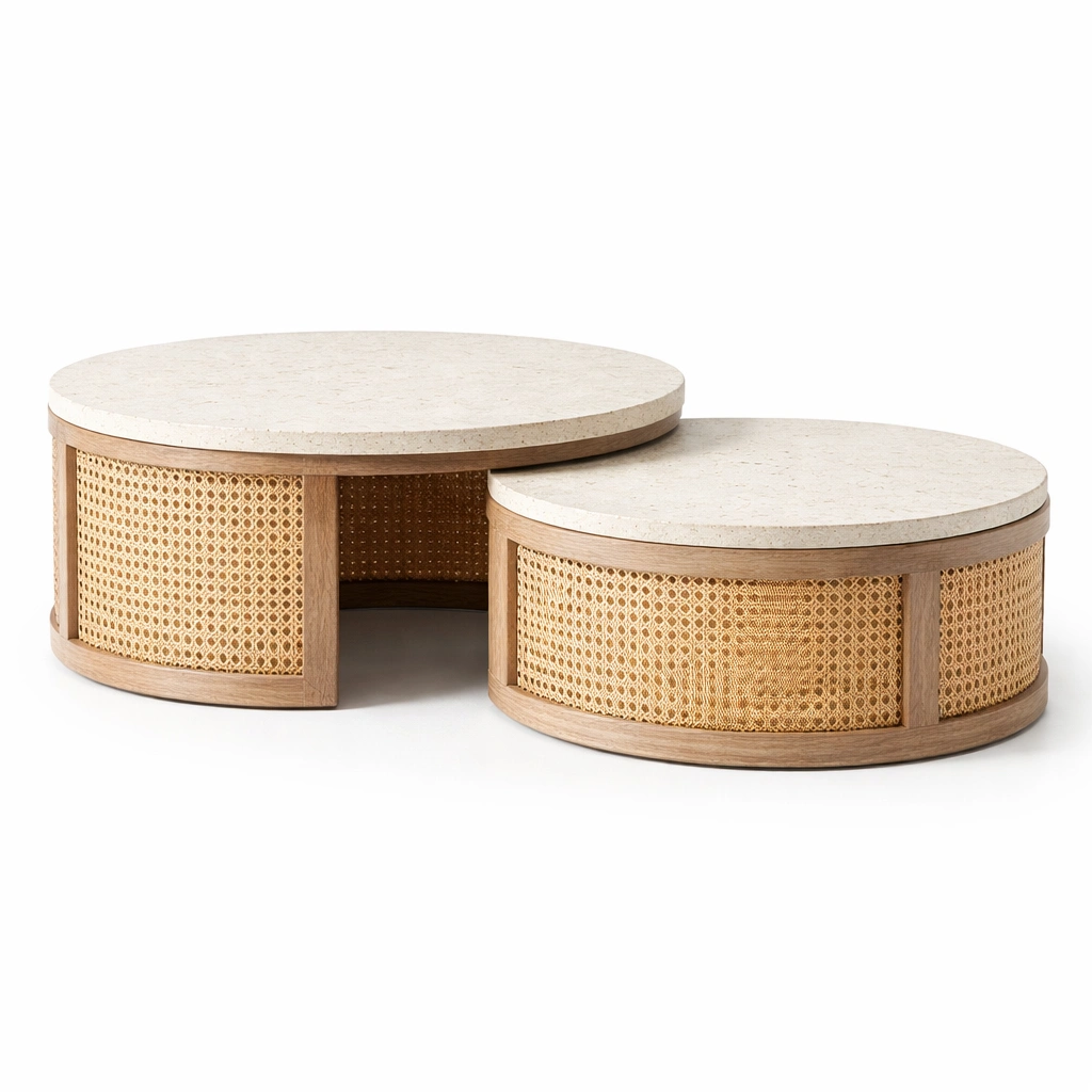 Couchtisch Set Rund Holz Rattan Natur-cozirao