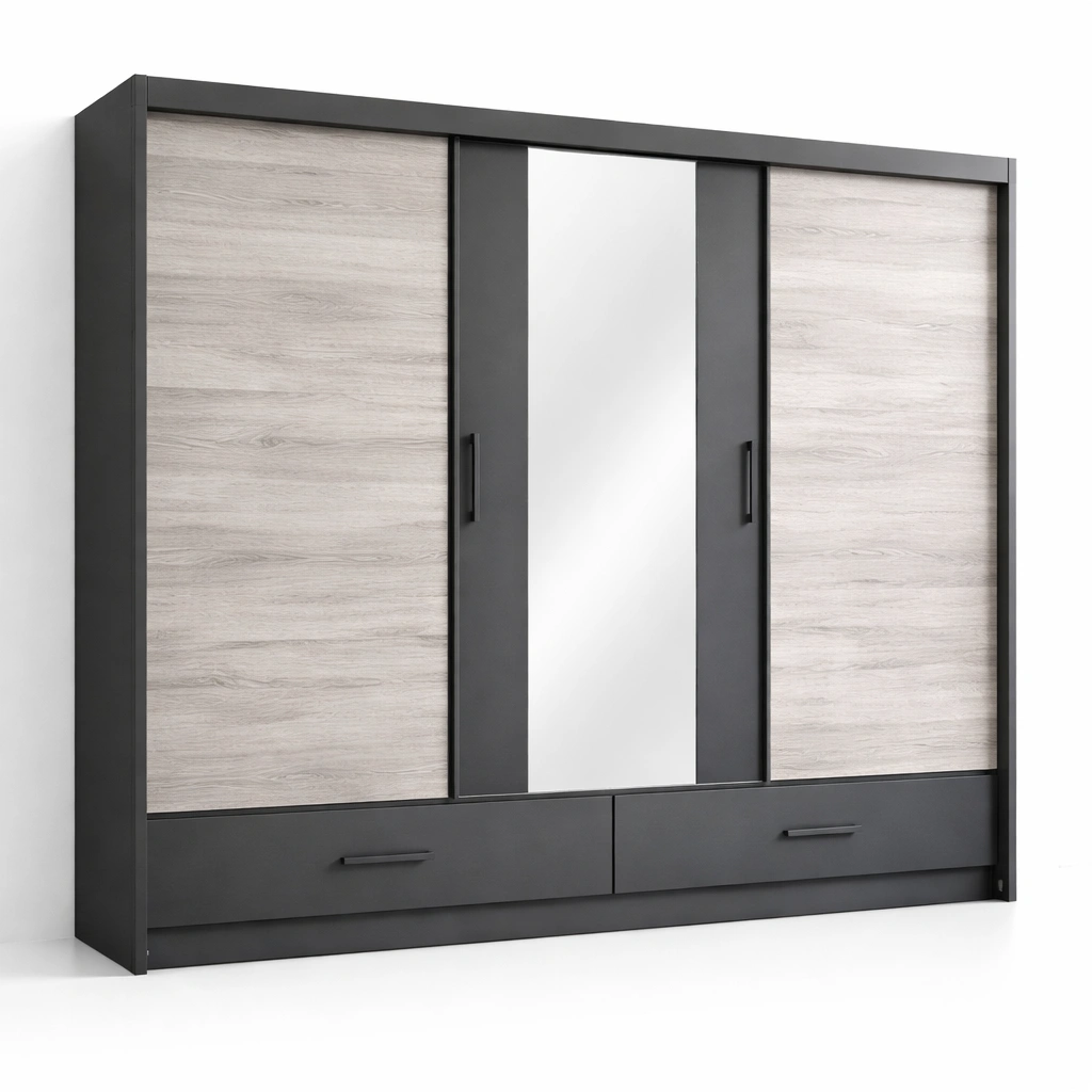 Kleiderschrank Grau Schiebetuer Spiegel Modern-cozirao