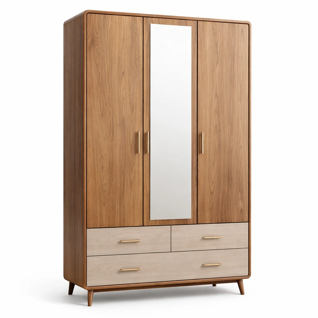 Kleiderschrank Holz Natur Hell mit Spiegel und Schubladen-cozirao