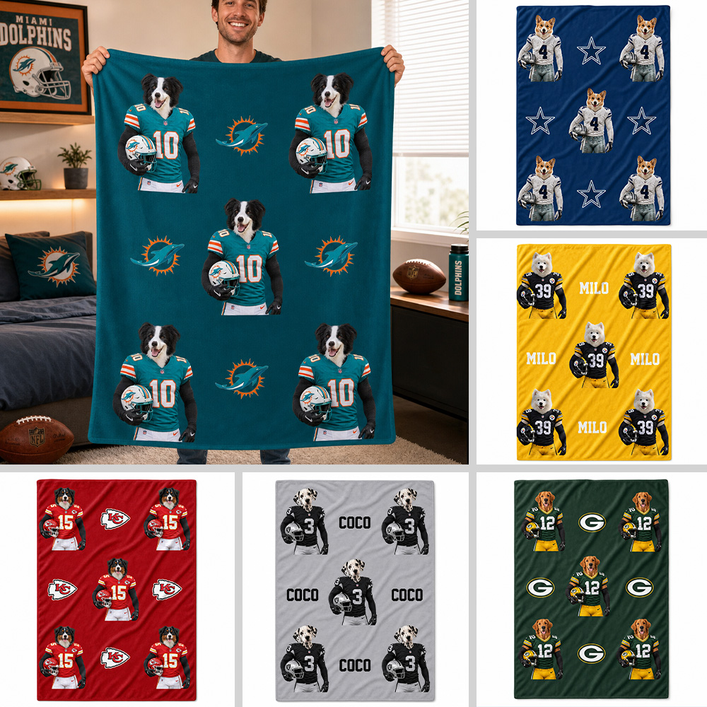Custom Pet Portrait American Football Blanket with Team Logo