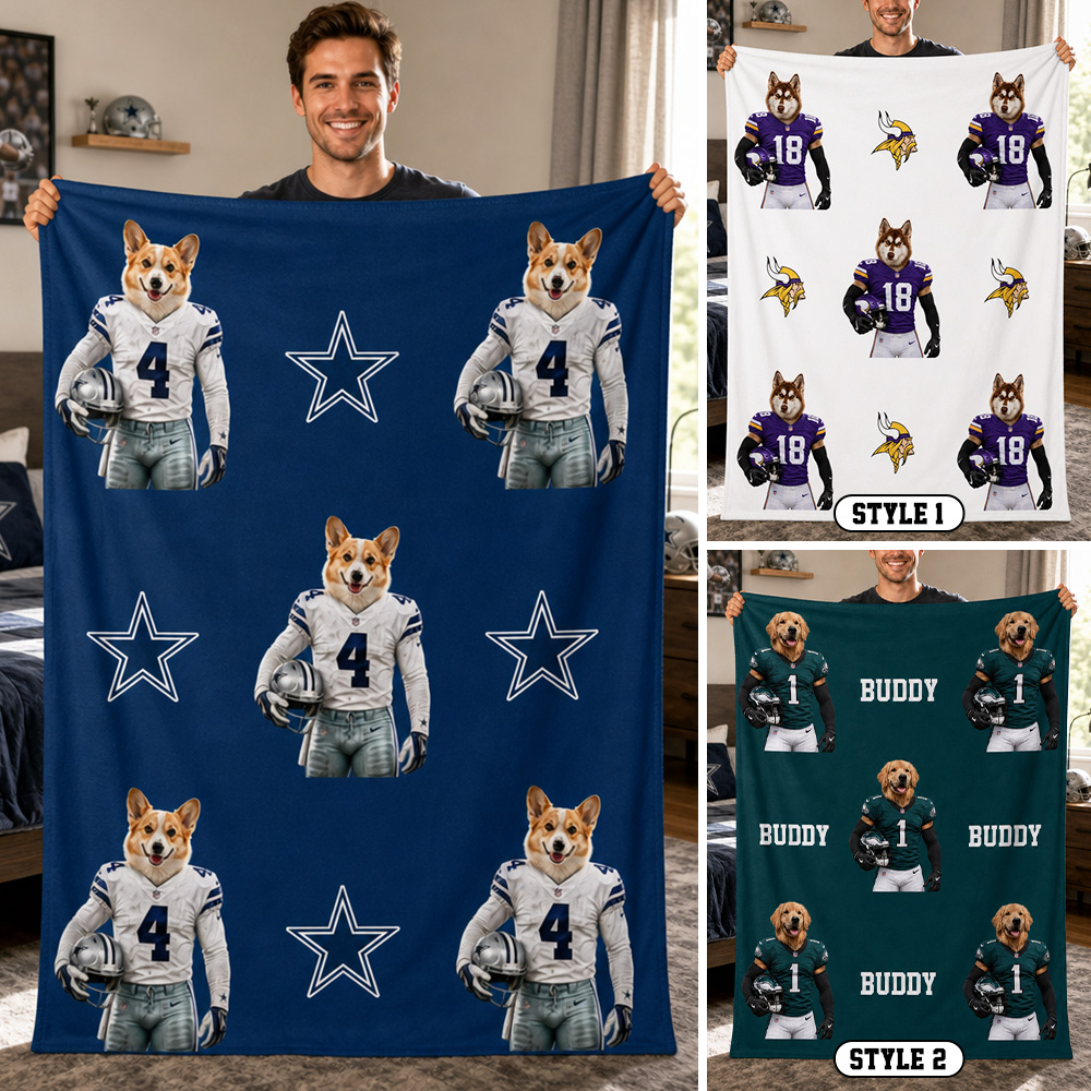 Custom Pet Portrait American Football Blanket with Team Logo