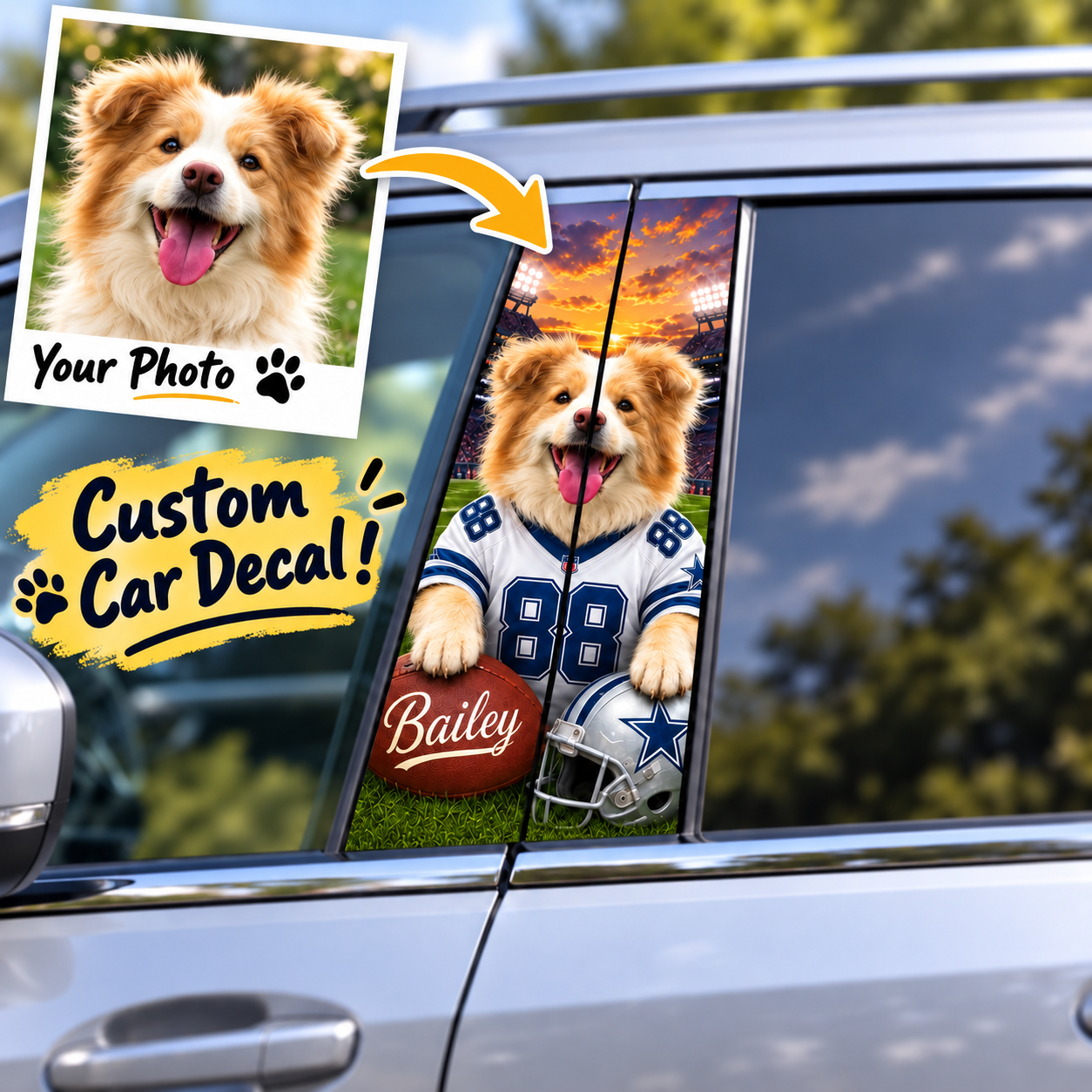 Custom Pet Portrait America Football Team Car Pillar Wrap - Universal Fit