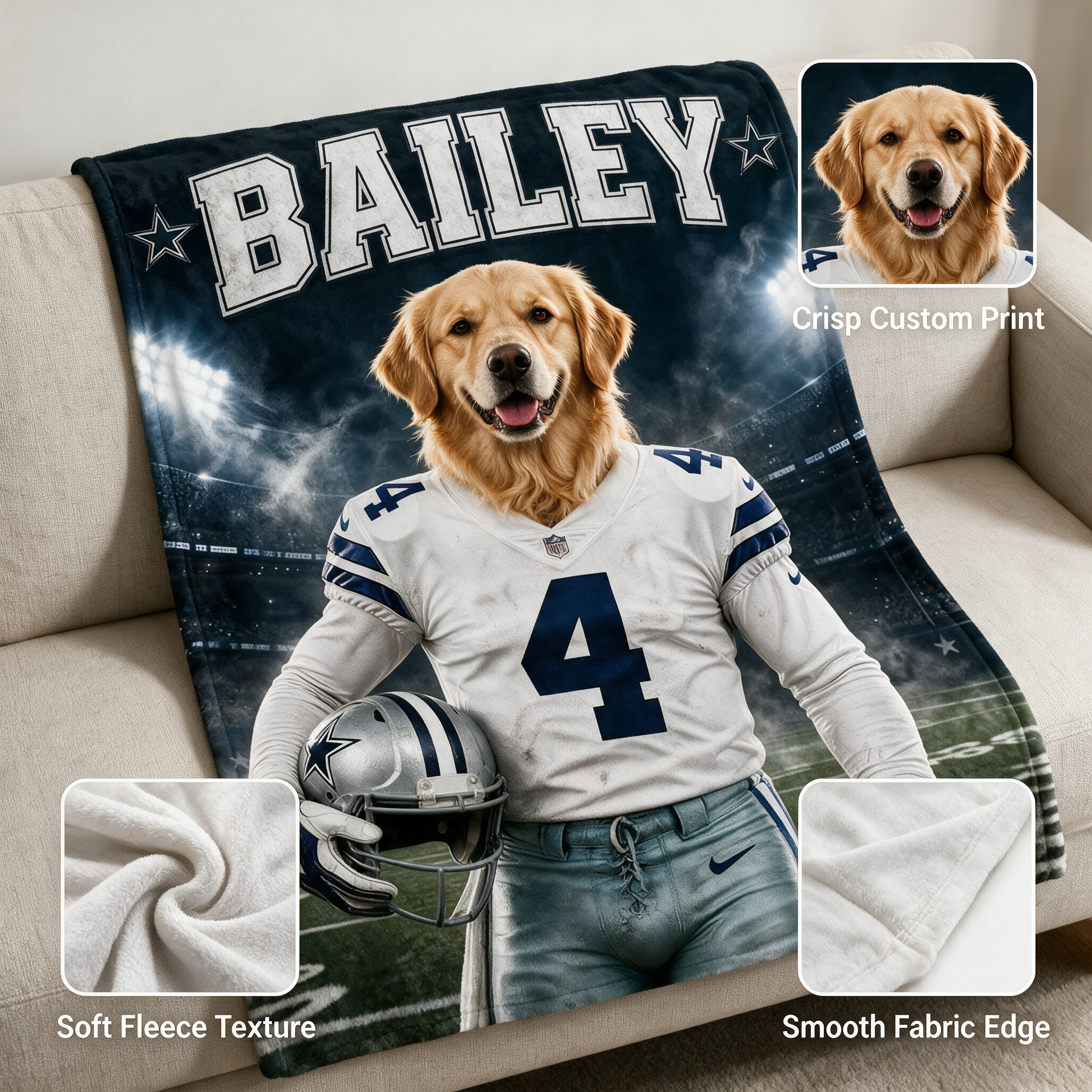 Personalized Pet Portrait American Football Blanket