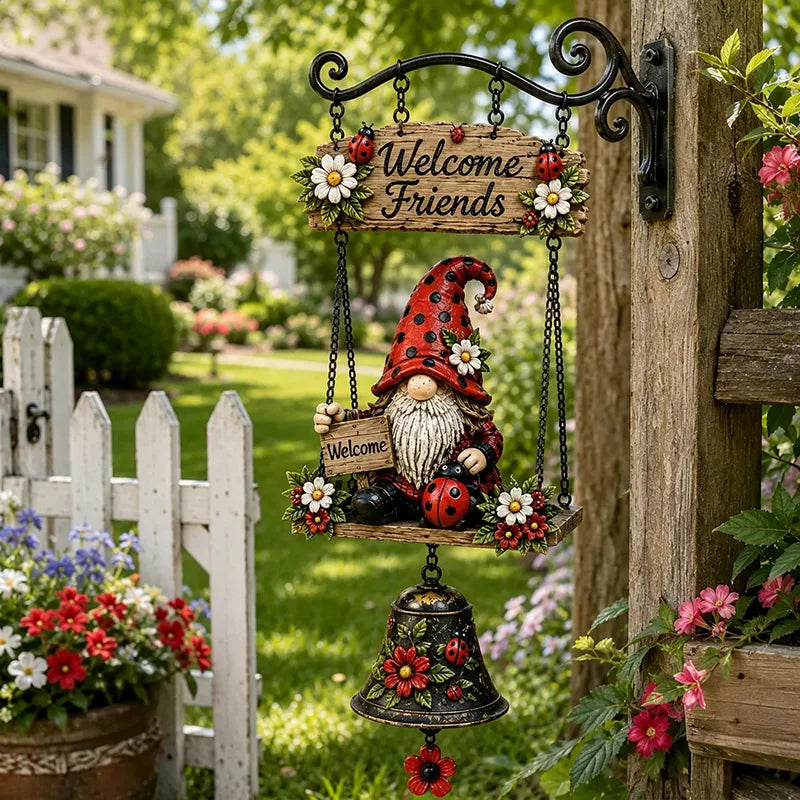Uvítací zvonček s motívom záhradného trpaslíka, nápisom „Welcome“, vintage bronzovým zvončekom, kovaným železným nástenným dizajnom a záhradnou dekoráciou.