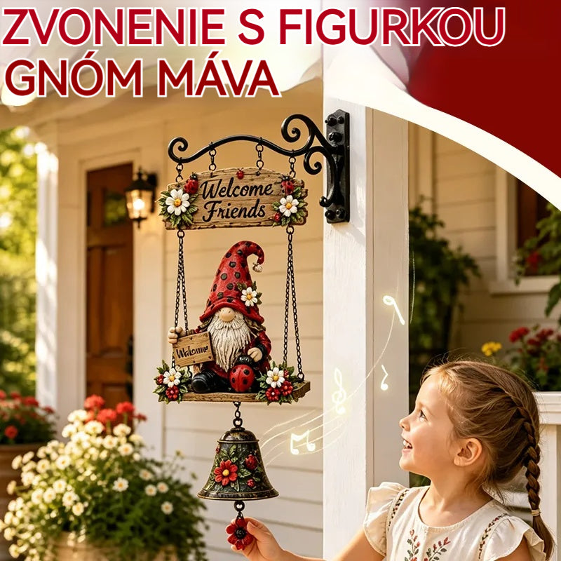 Uvítací zvonček s motívom záhradného trpaslíka, nápisom „Welcome“, vintage bronzovým zvončekom, kovaným železným nástenným dizajnom a záhradnou dekoráciou.