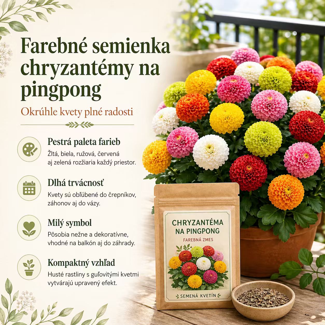 🏵️Farebné semienka chryzantémy na pingpong
