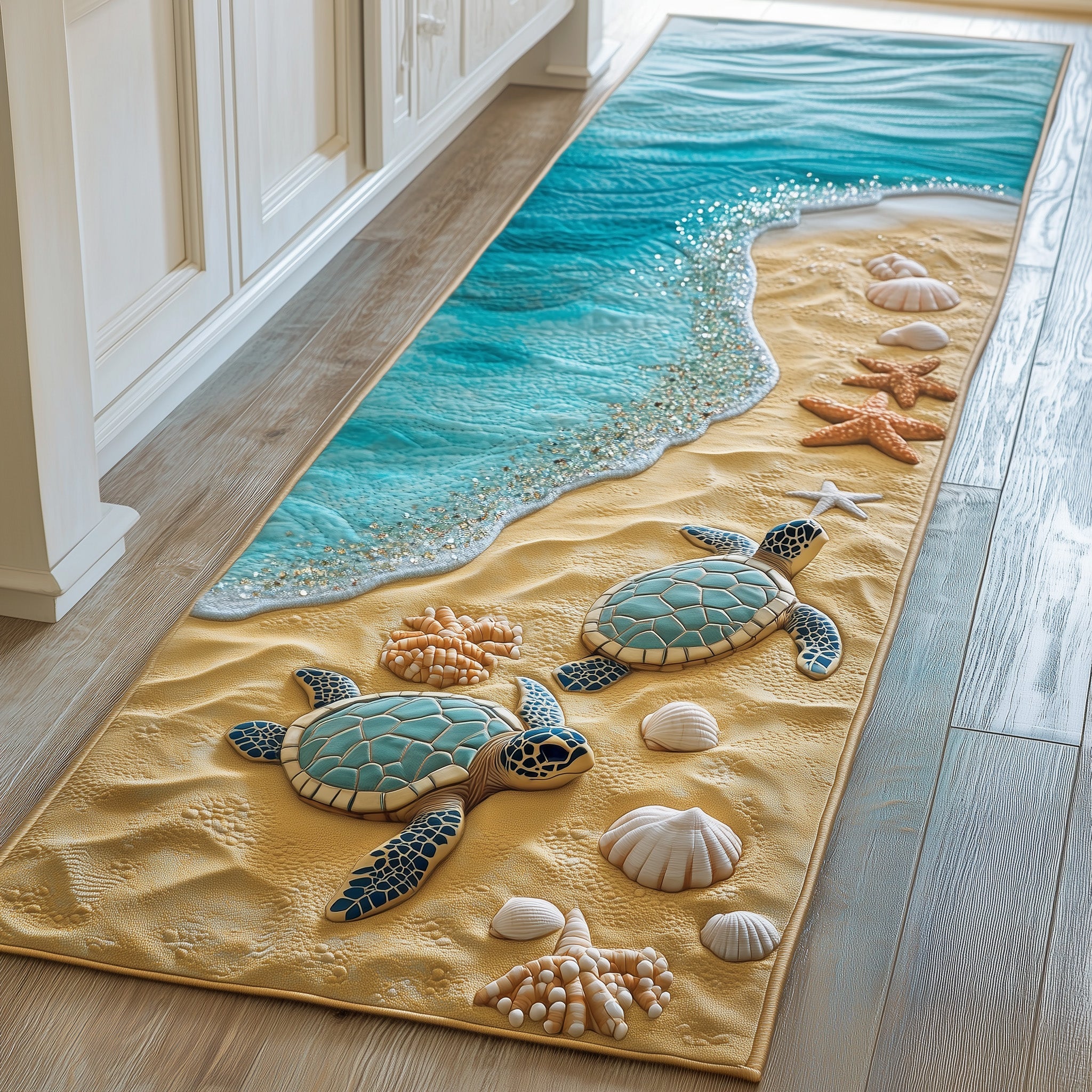 Coastal Wave & Sea Turtle Hallway Quilted  Runner Rug