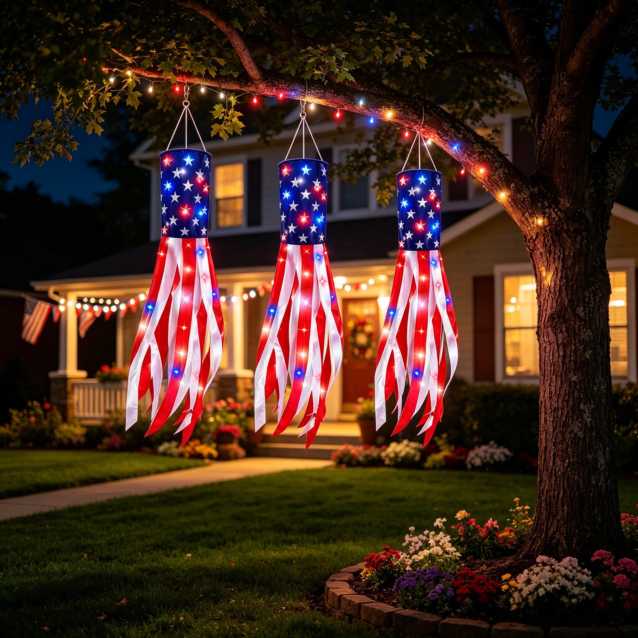 🎉3 Pack 50 Inch Large American Flag Windsocks with Red White Blue Lights