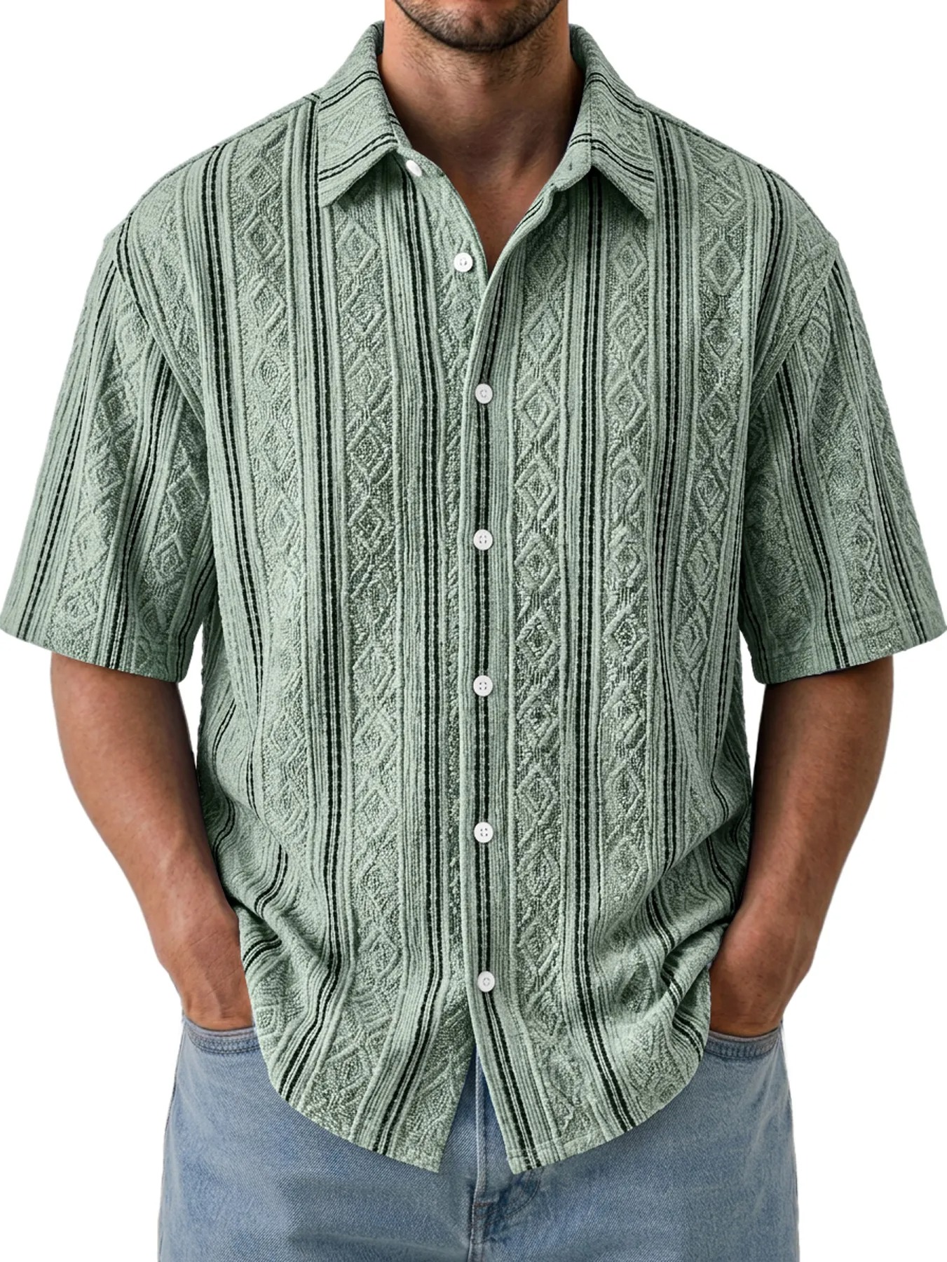 Men's Casual Textured Breathable Collared Short-Sleeve Shirt