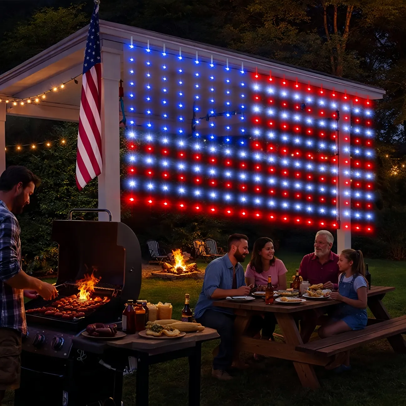 American Flag Curtain Lights Waterproof Outdoor Patriotic Decor