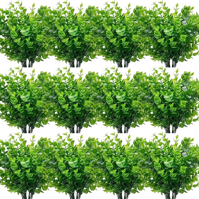20 Bundles Artificial Greenery Plants for Outdoors Spring Decor, UV Resistant Fake Plants Faux Eucalyptus Plastic Shrubs Boxwood Fake Flowers Gardens Home Patio Outsides Summer Decor(Green)