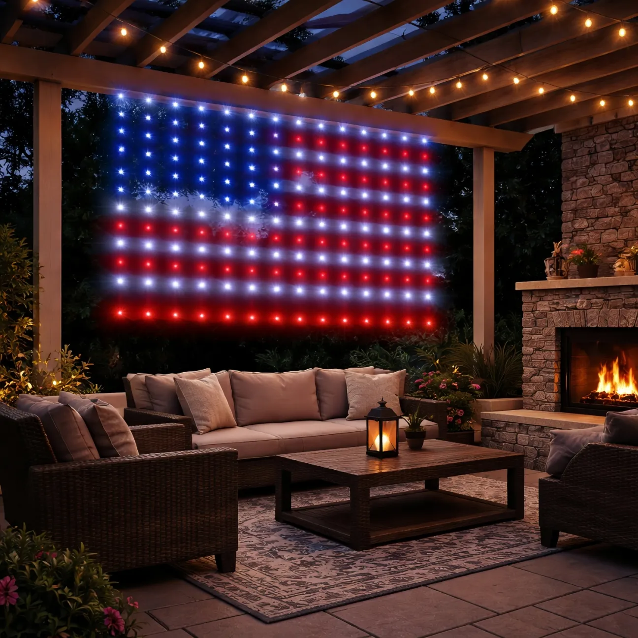 American Flag Curtain Lights Waterproof Outdoor Patriotic Decor