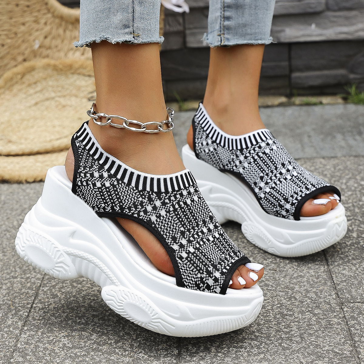 Breathable Knit Platform Wedge Sandals – Easy Slip-On with Arch Support