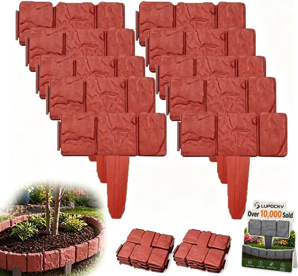 Stone-Patterned Plastic Garden Edging Fence for Lawn & Flower Beds