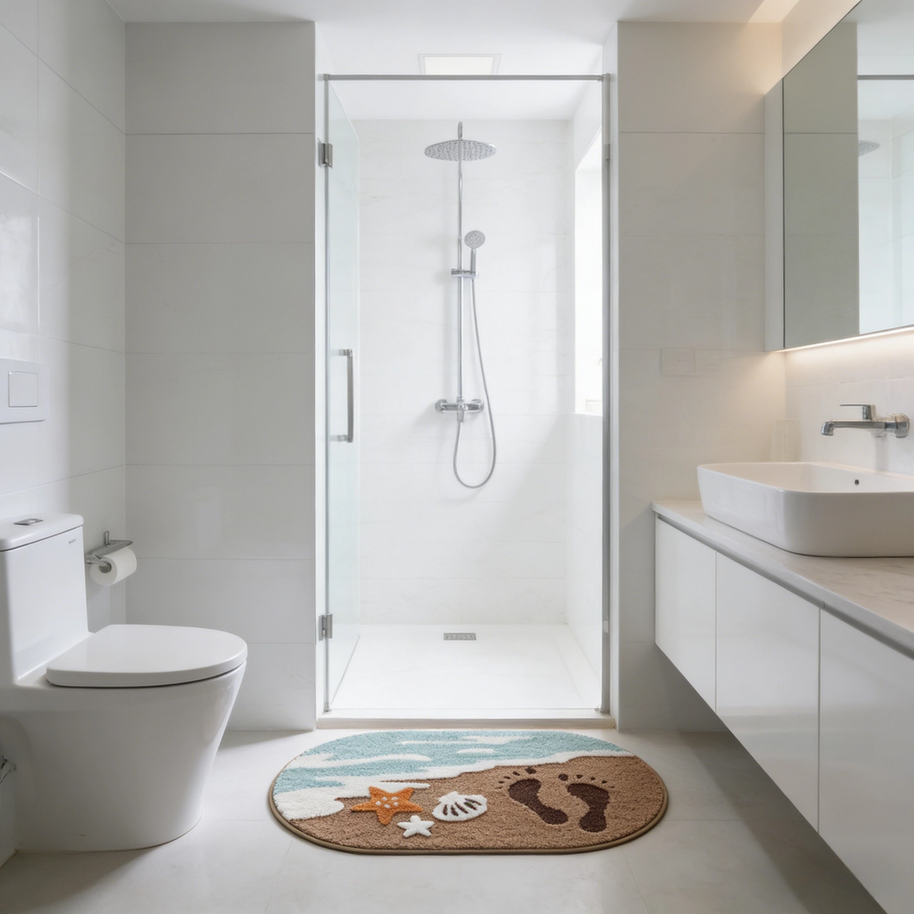 🔥 Last Day 45% OFF – Coastal Sandy Beach Faux Cashmere Flocked Rug – 3D Ocean Footprint Non-Slip Bath Mat