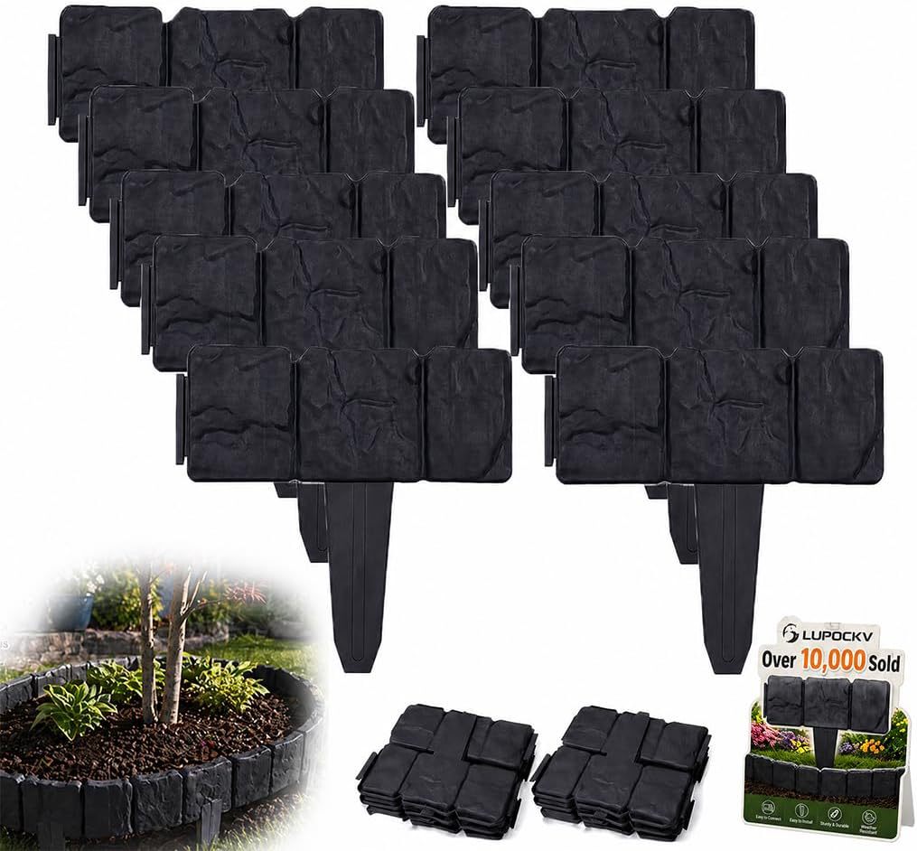 Stone-Patterned Plastic Garden Edging Fence for Lawn & Flower Beds